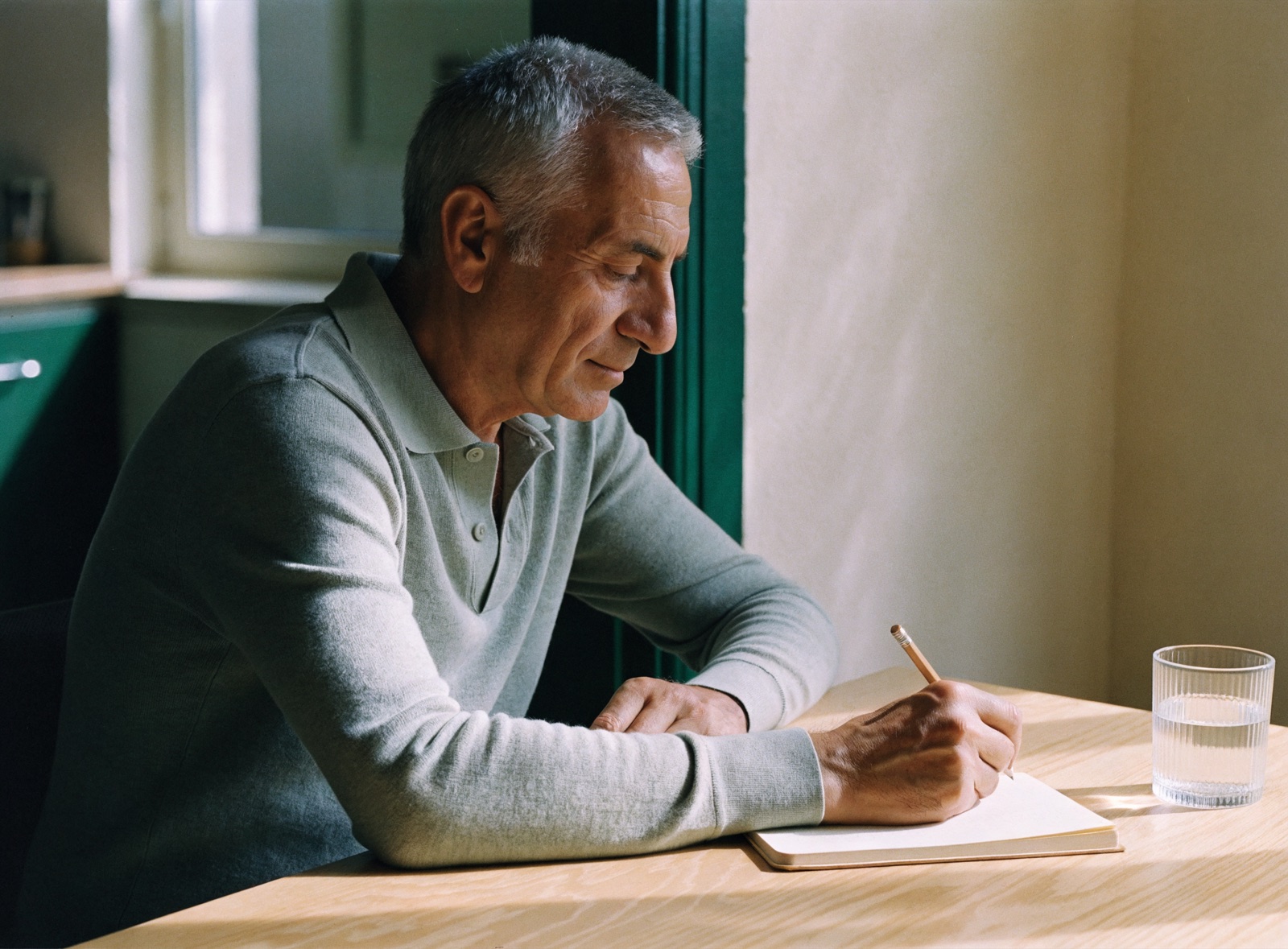 Man organizing his notes at home.